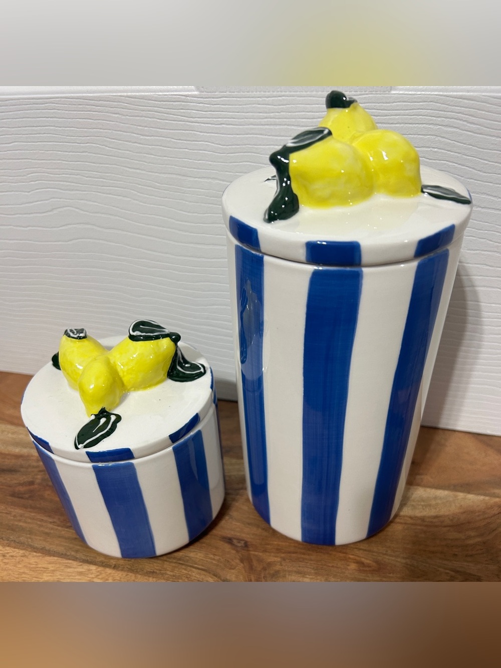 Hobby Lobby 2 Lemon Ceramic Canisters With Lid Blue Stripe Candy Cookie Jar NEW